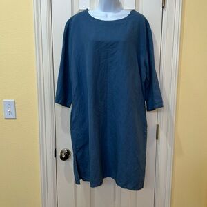 NWT Dr. Flax Washed Linen Blue Shift Dress Sz L/XL Minimalist Lagenlook Natural